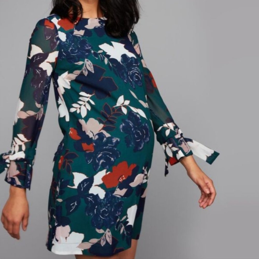 A Pea In The Pod Maternity Dress Floral Long Sleeve Shift Dress Emerald Green